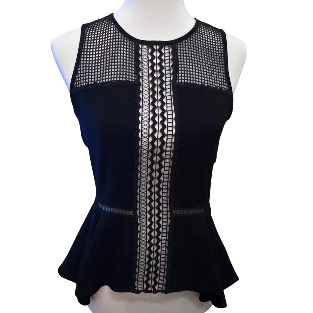 Simkhai Designer Black Mesh Crochet Lace Peplum Top Sleeveless Goth Chic Sz S